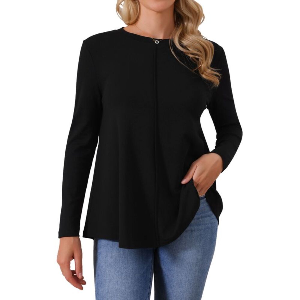 Women Casual Fall Long Sleeve Babydoll Crewneck Tunic Top Black